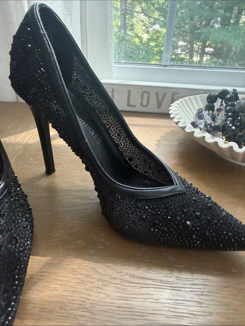 Aqua x Wicked Black Rhinestone Pointed-Toe Pumps -